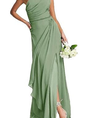 One-Shoulder Sage Green Evening Gown